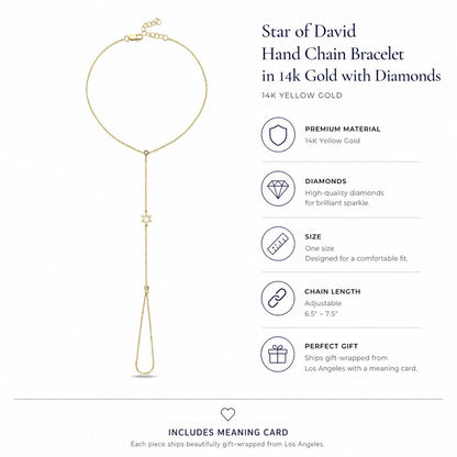 14k gold Star of David hand chain bracelet featuring diamond accents by Alef Bet