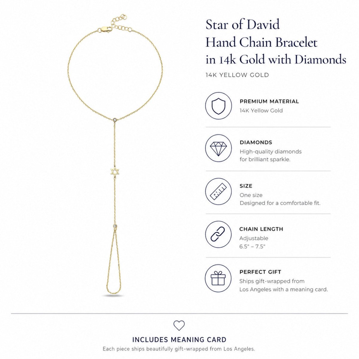 Star of David Hand Chain Bracelet in 14k Gold with Diamonds
