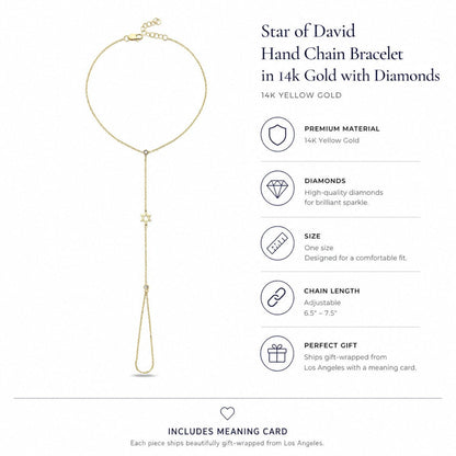 Star of David Hand Chain Bracelet in 14k Gold with Diamonds