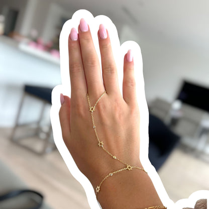 Jewish Star of David Hand Chain Bracelet in 14k Gold Plated Sterling Silver 925 with Bezel Set CZ, sparkling faith you can wear every day