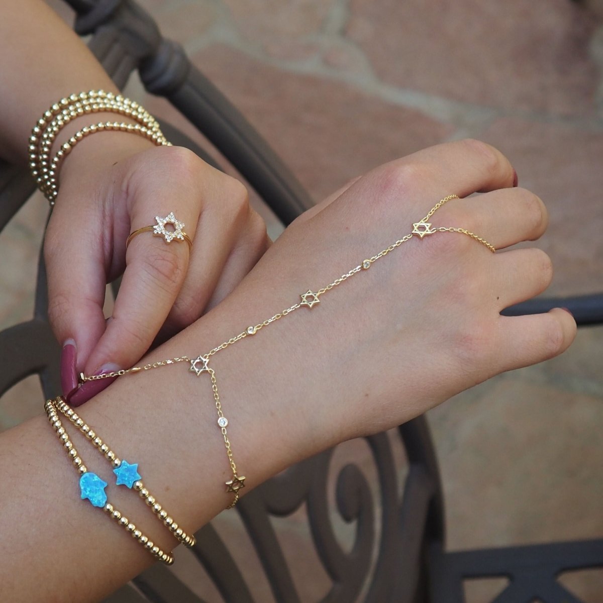Star of David Hand Chain Bracelet with Bezel Gemstones