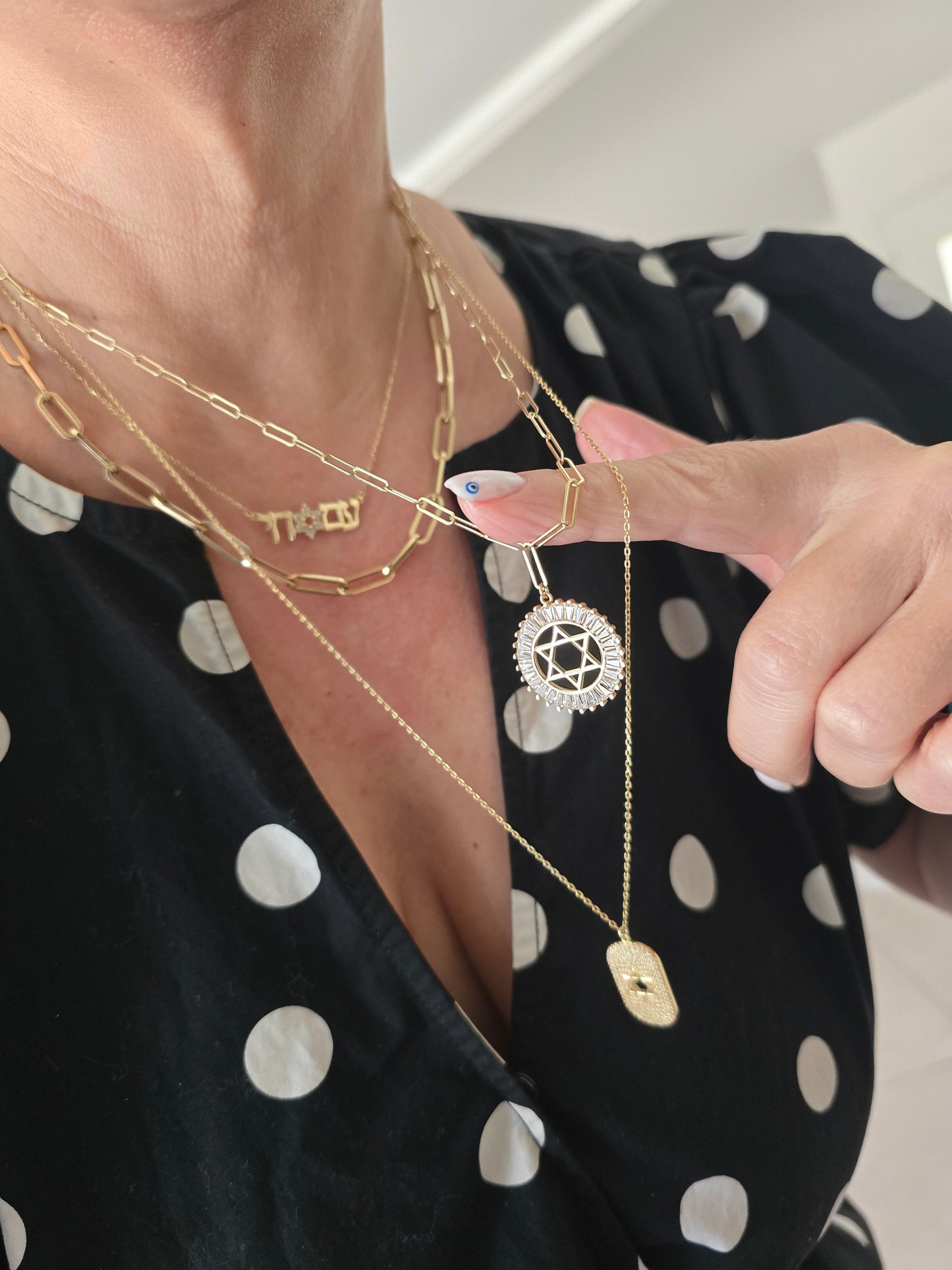 Gold Star of David charm on chain showcasing satin finish detail by Alef Bet