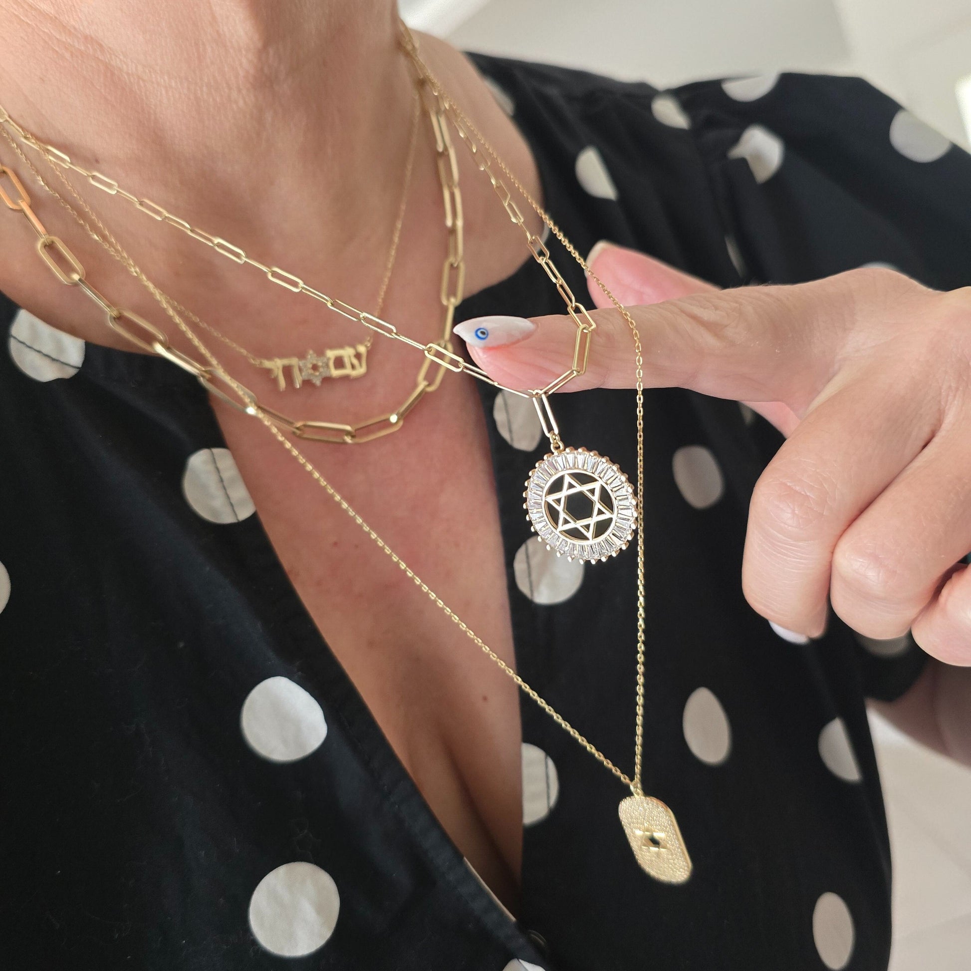 Gold Star of David charm on chain showcasing satin finish detail by Alef Bet