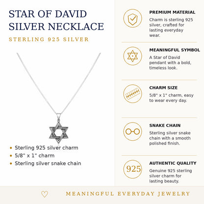 Star of David necklace for men, oxidized silver with dark patina detail by Alef Bet
