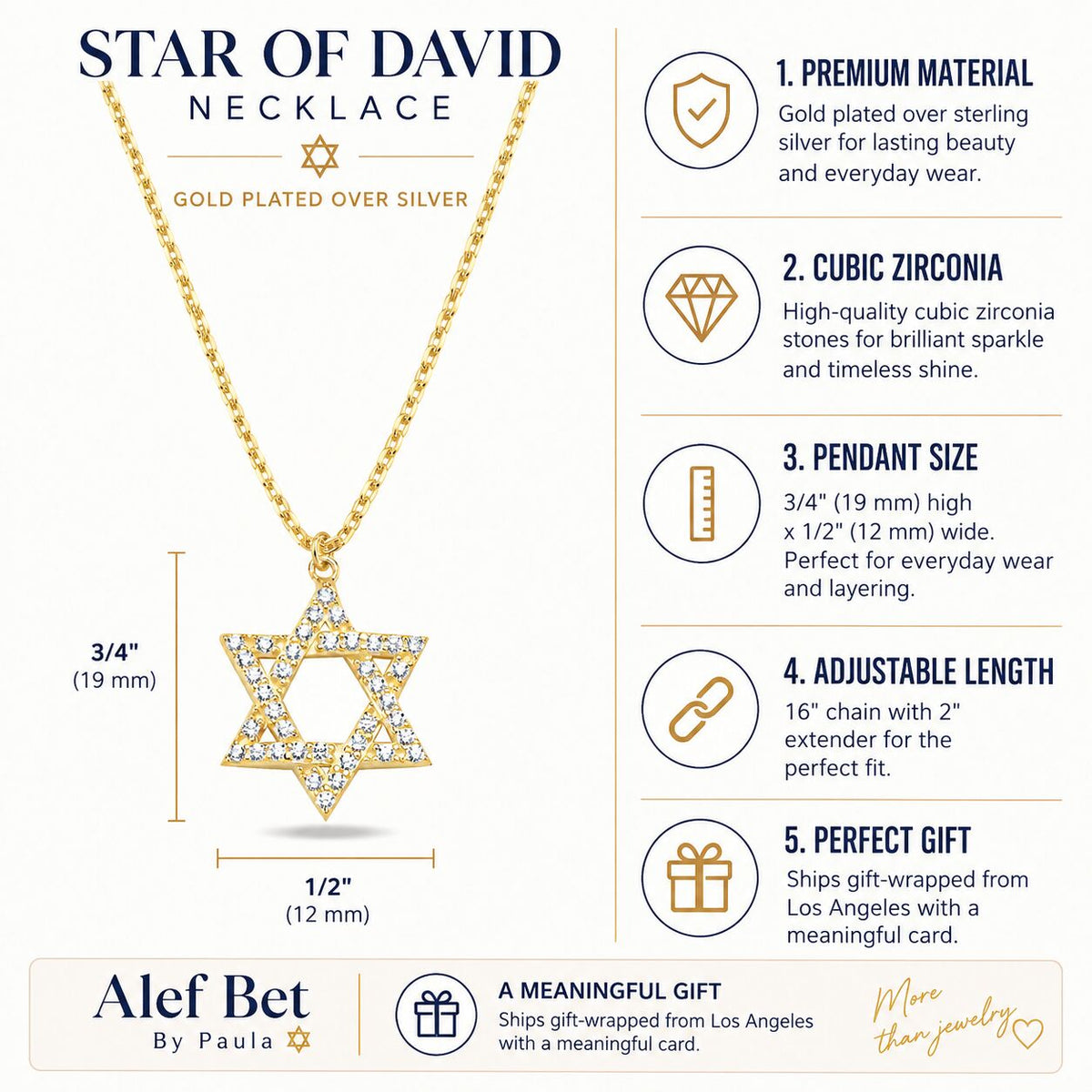 Star of David Necklace in Yellow Gold Plated Sterling Silver 925 with Pavé CZ