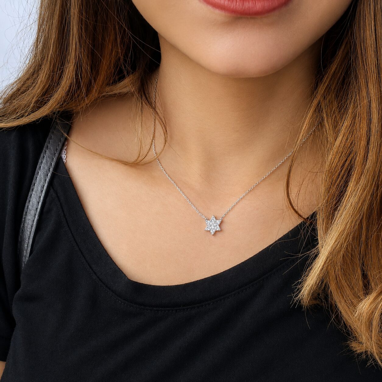 Sterling silver Star of David pendant featuring pave-set CZ stones on rolo chain by Alef Bet