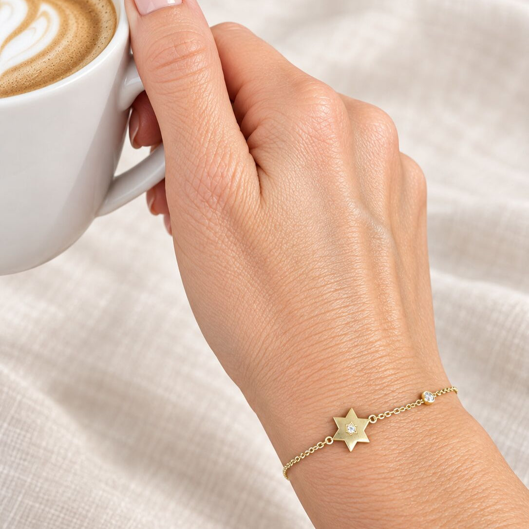 Star of David Single Bezel CZ Bracelet in 14k Gold Plated Sterling Silver 925