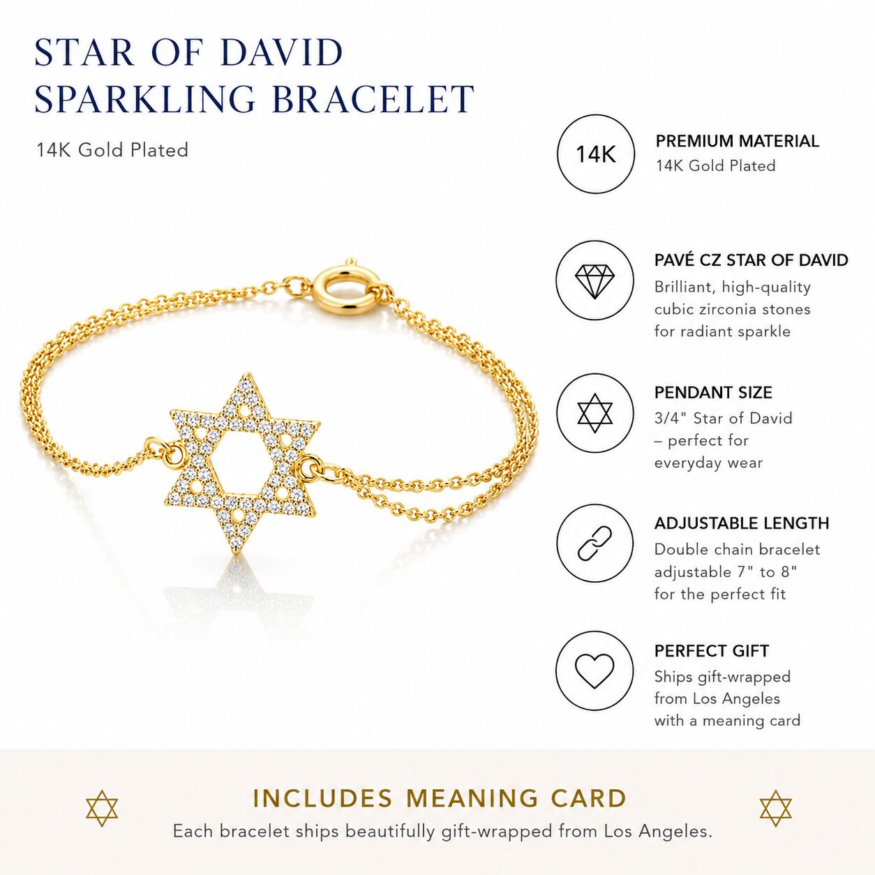 Star of David bracelet yellow gold, close-up of cubic zirconia sparkle detail by Alef Bet