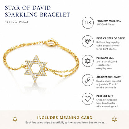 Star of David bracelet yellow gold, close-up of cubic zirconia sparkle detail by Alef Bet
