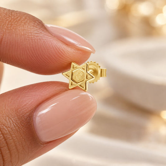 Jewish star earrings in 14k yellow gold with high-polish finish by Alef Bet