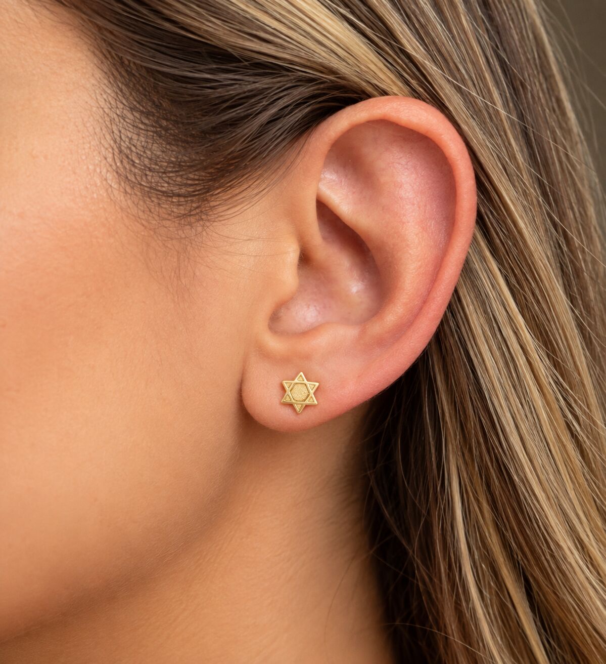 14k gold Jewish star stud earrings with secure post-back closure by Alef Bet