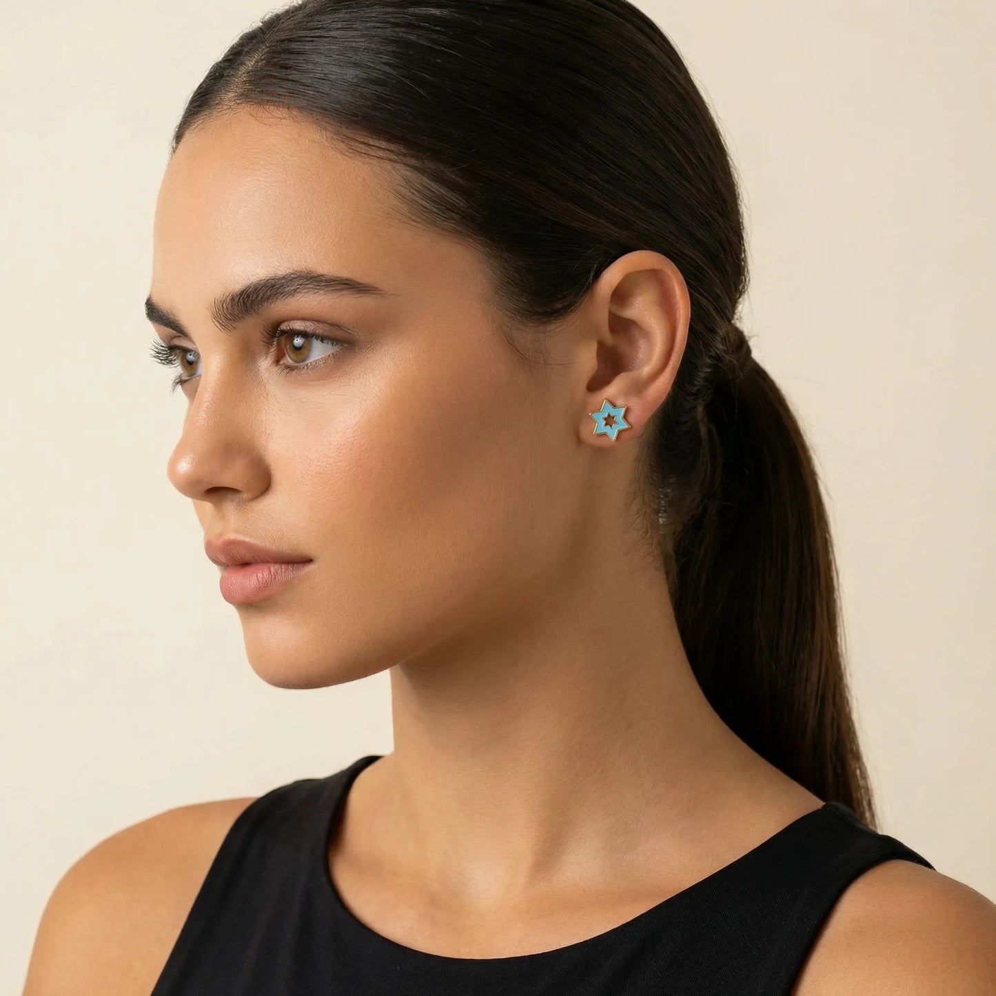 Star of David stud earrings in pink enamel with secure post-back closure by Alef Bet