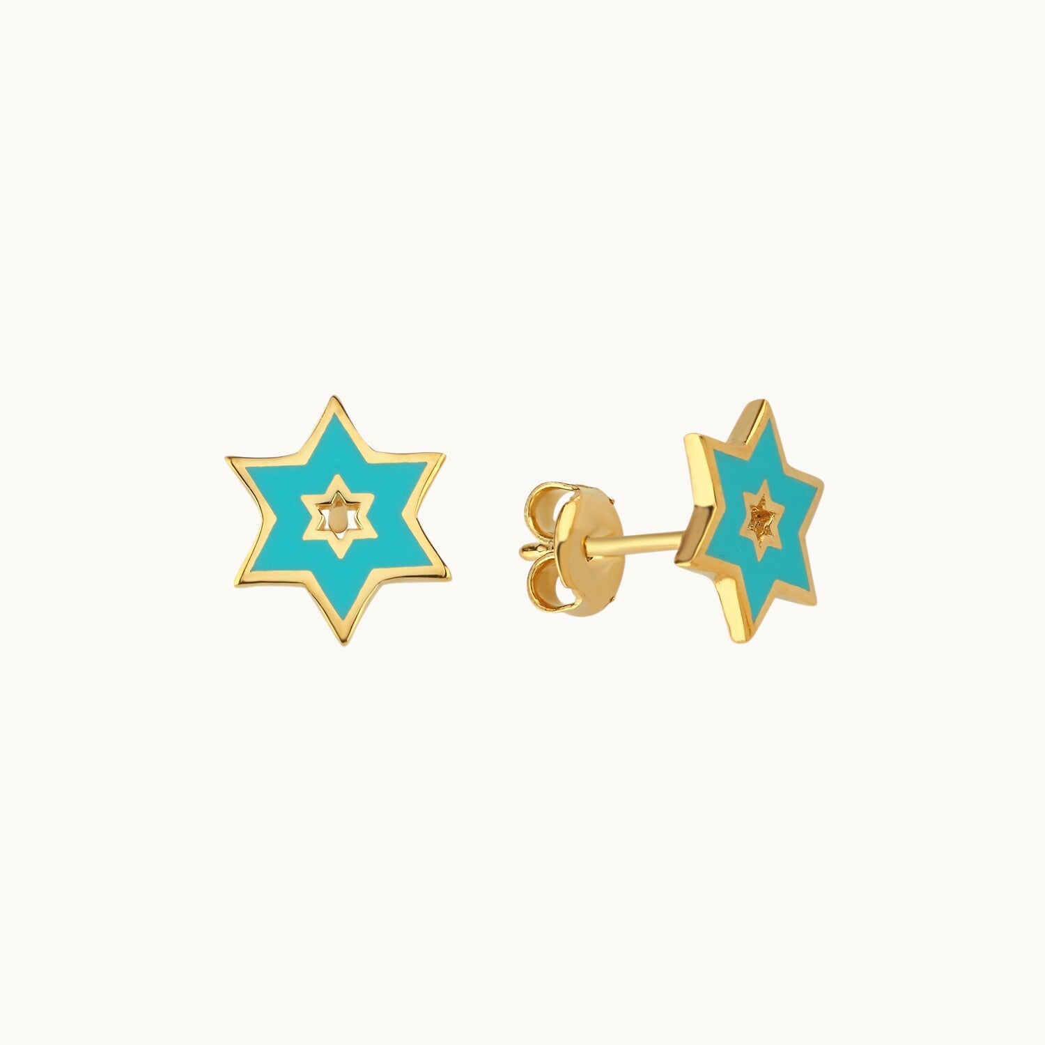 Star of David stud earrings in turquoise with high-polish finish by Alef Bet