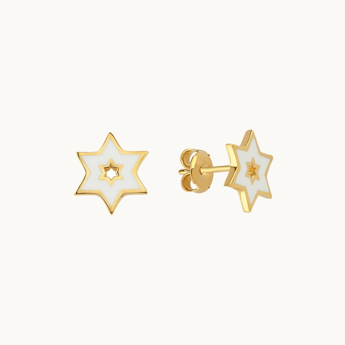 Star of David stud earrings in white gold with high-polish finish by Alef Bet
