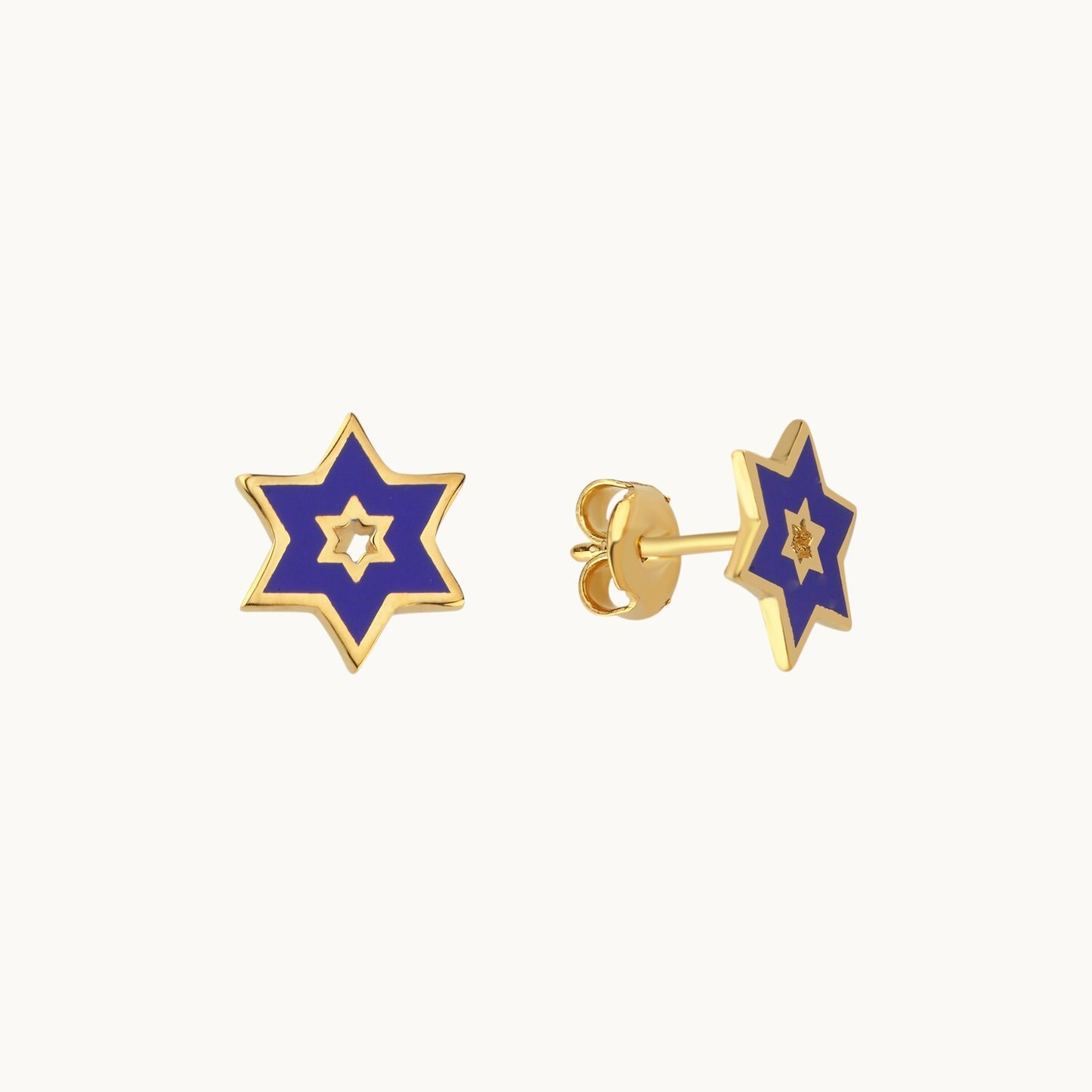 Star of David stud earrings in navy blue with high-polish finish by Alef Bet