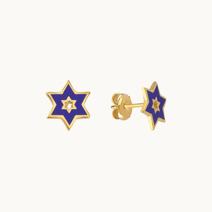 Star of David stud earrings in navy blue with high-polish finish by Alef Bet
