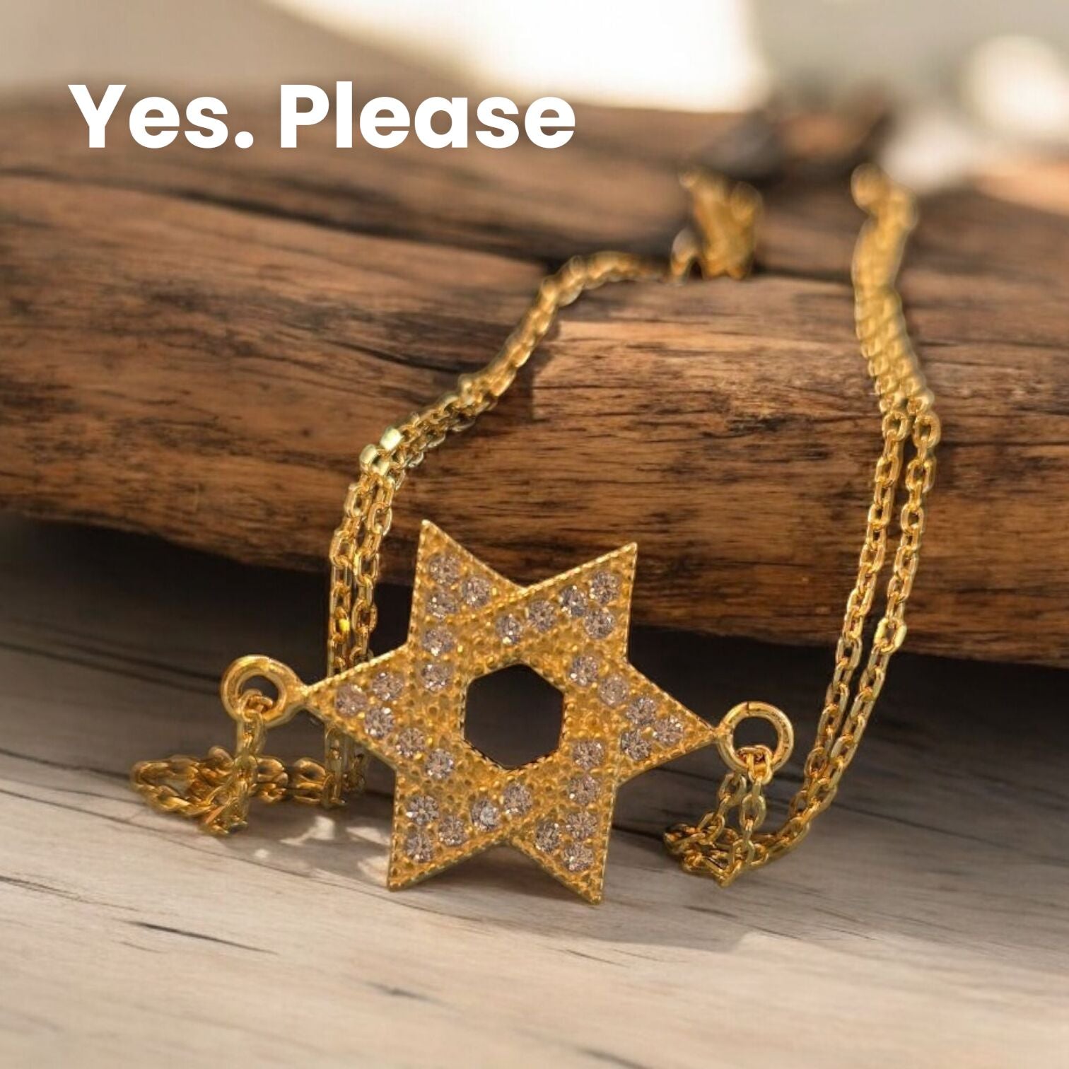 Star of David CZ bracelet in silver and gold with dual chains and bezel-set cubic zirconia detailing by Alef Bet