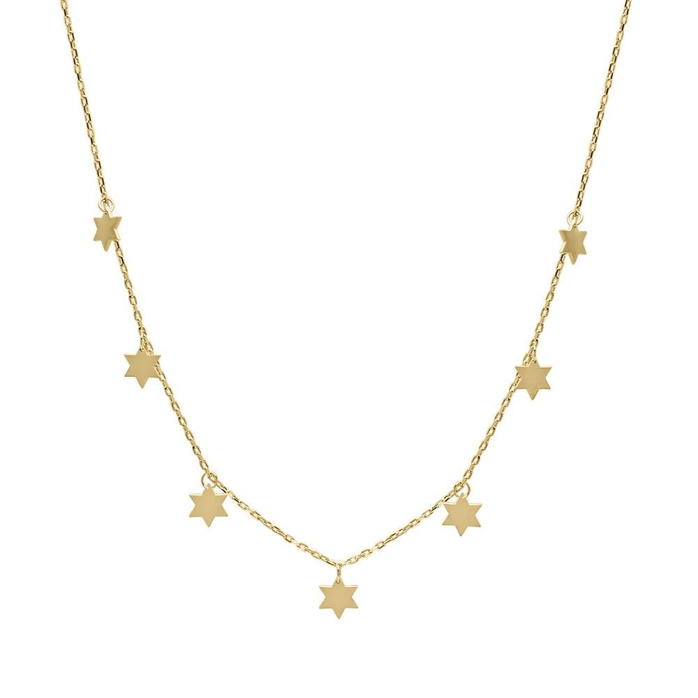 Stars of David dangle necklace in yellow gold with delicate geometric pendants by Alef Bet