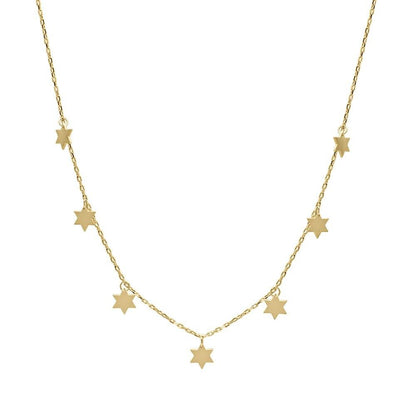 Stars of David dangle necklace in yellow gold with delicate geometric pendants by Alef Bet