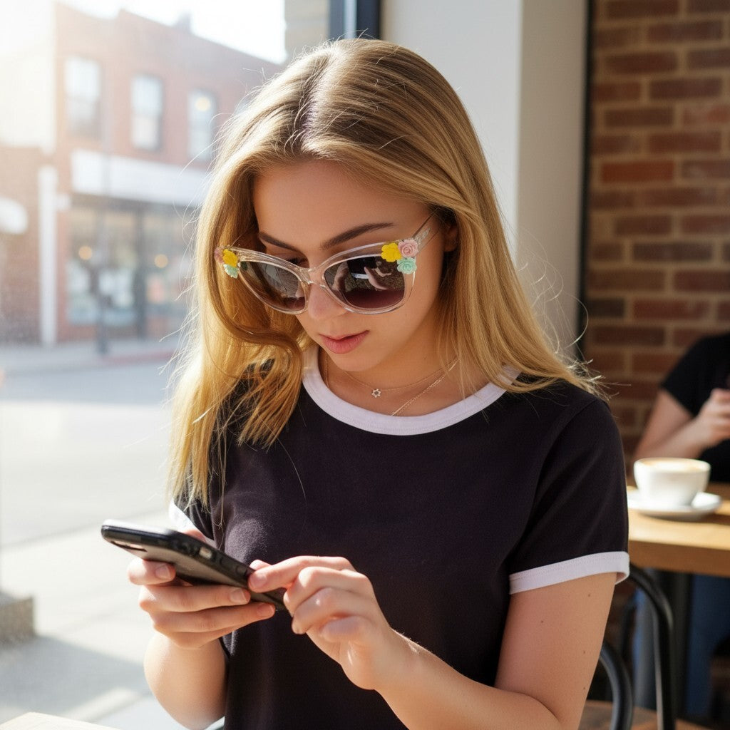 Woman wearing sunglasses and using a phone in an outdoor setting