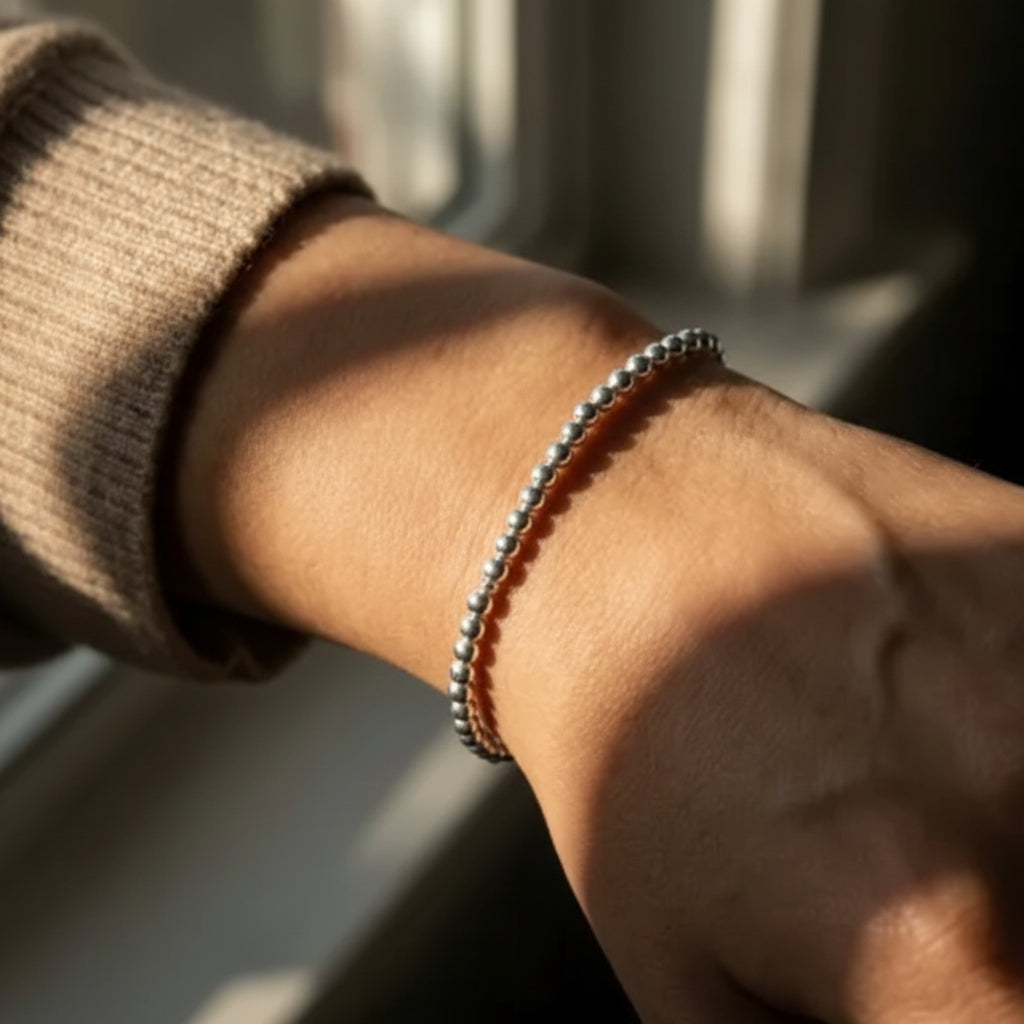 3mm silver bead bracelet featuring high-polish finish detail by Alef Bet