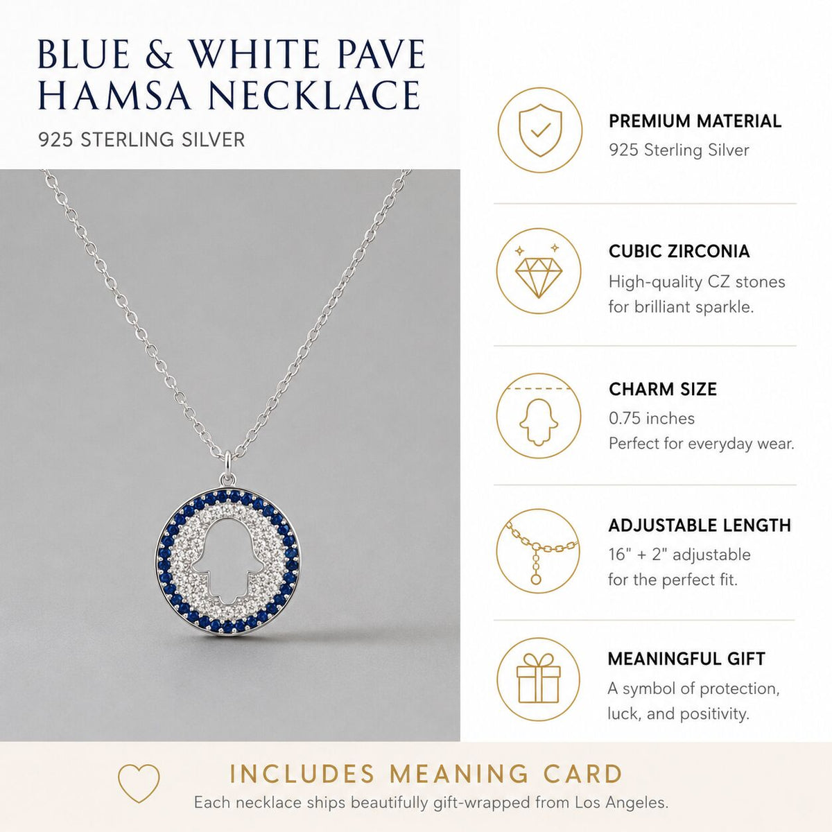 Hamsa Pave CZ Necklace in 14k Gold Plated Sterling Silver 925, blue and white sparkle for protection and good luck