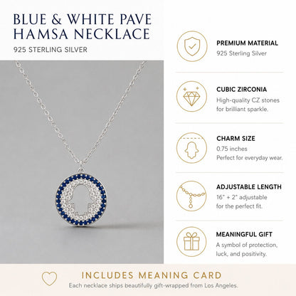 Hamsa Pave CZ Necklace in 14k Gold Plated Sterling Silver 925, blue and white sparkle for protection and good luck