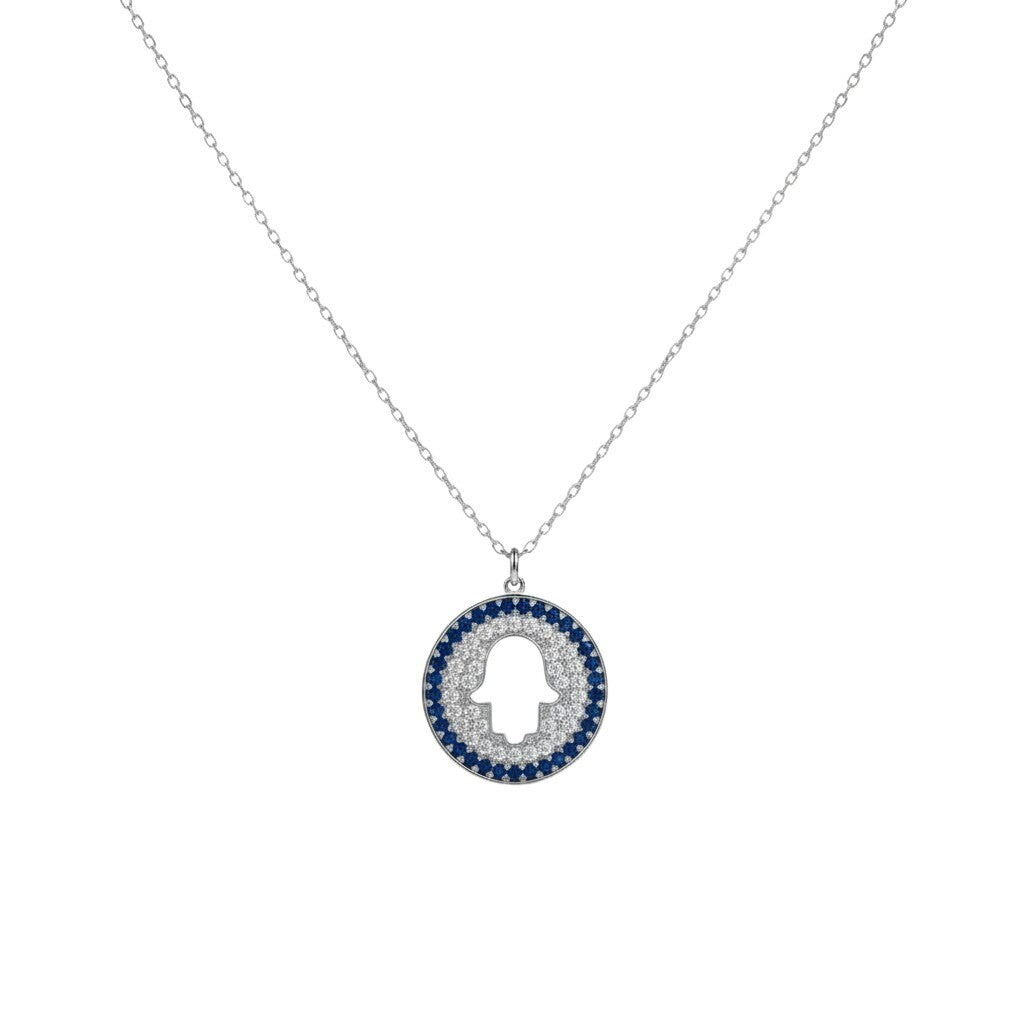 Hamsa necklace in silver 925 with blue and white pave cubic zirconia by Alef Bet