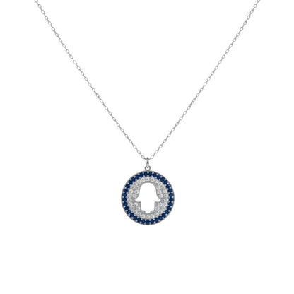 Hamsa necklace in silver 925 with blue and white pave cubic zirconia by Alef Bet