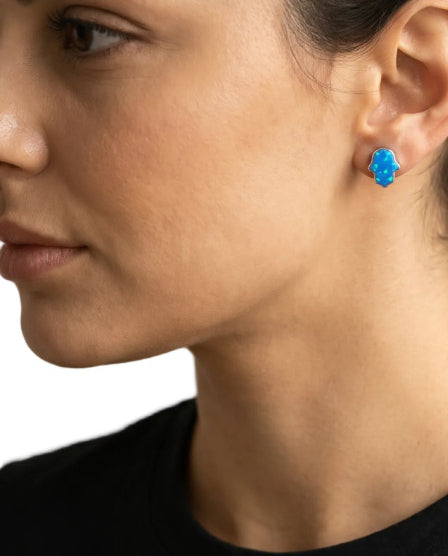 Sterling silver hamsa stud earrings with blue opal cabochon center by Alef Bet