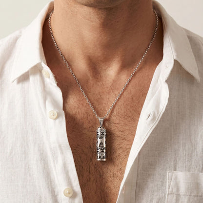 Mezuzah chai pendant in sterling silver showing front detail by Alef Bet