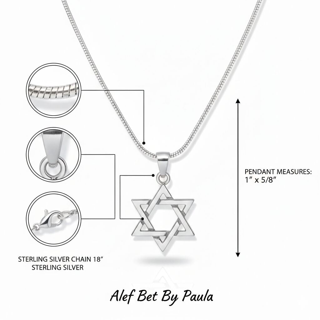 Silver Star of David pendant necklace with chain details on a white background