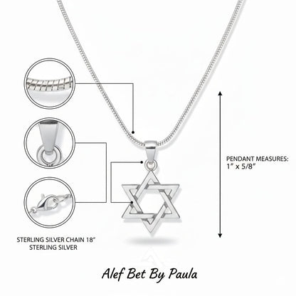 Silver Star of David pendant necklace with chain details on a white background