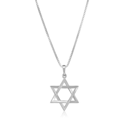Sterling silver Star of David necklace on a box chain, measuring 3/4" long and 3/8" wide, showcasing a timeless Judaic symbol.