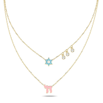 Stunning layered necklace featuring two chains with pink enamel Chai and Star of David charms, accented by glistening gems.