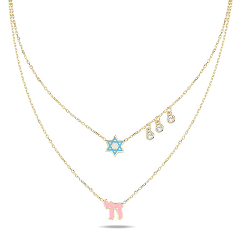 Stunning layered necklace featuring two chains with pink enamel Chai and Star of David charms, accented by glistening gems.