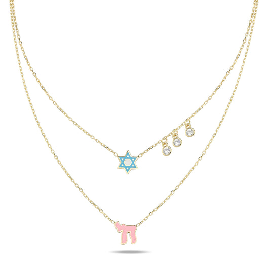 Stunning layered necklace featuring two chains with pink enamel Chai and Star of David charms, accented by glistening gems.