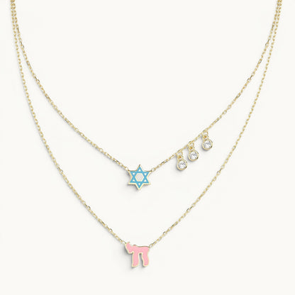 Layered necklace in blue and pink with pave-set gem accents by Alef Bet