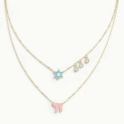 Layered necklace in blue and pink with pave-set gem accents by Alef Bet