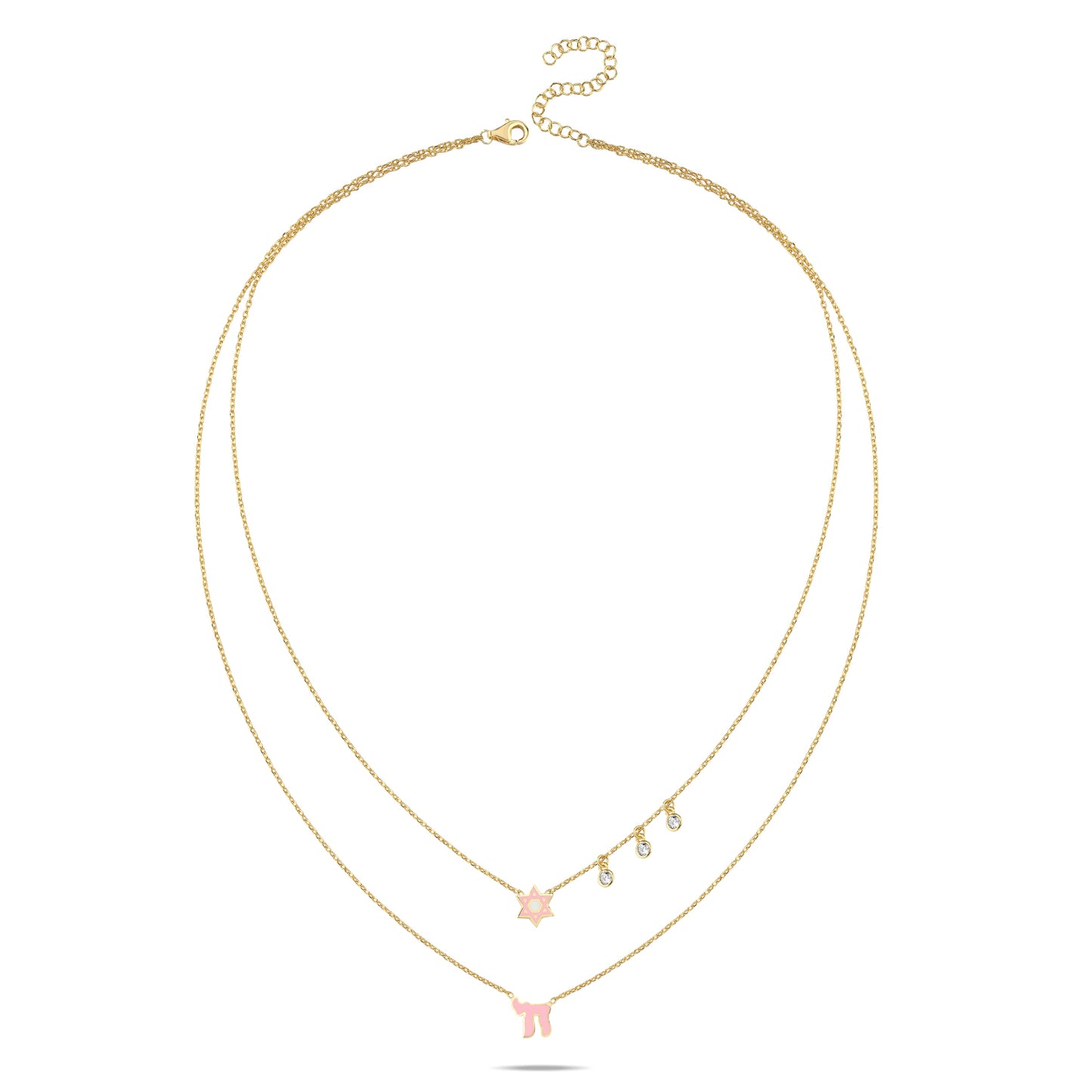 Layered necklace with pink and blue enamel, featuring Star of David and Chai charms, accented by diamond-like gems for a timeless look.