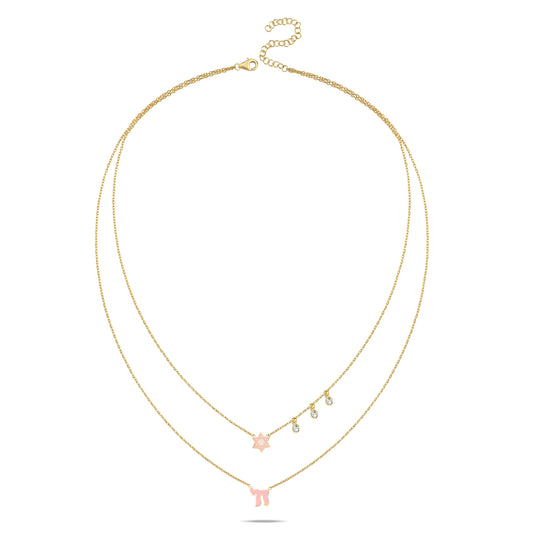 Layered necklace with pink and blue enamel, featuring Star of David and Chai charms, accented by diamond-like gems for a timeless look.