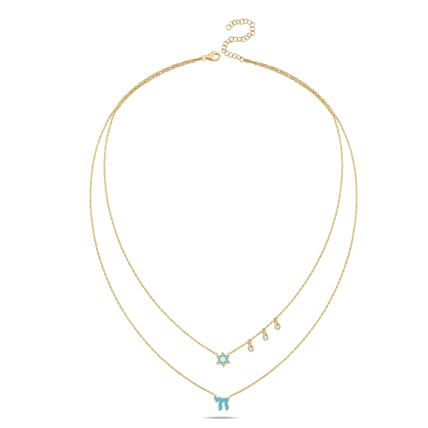 Stunning layered necklace featuring two chains with pink enamel Chai and Star of David charms, accented by glistening gems.
