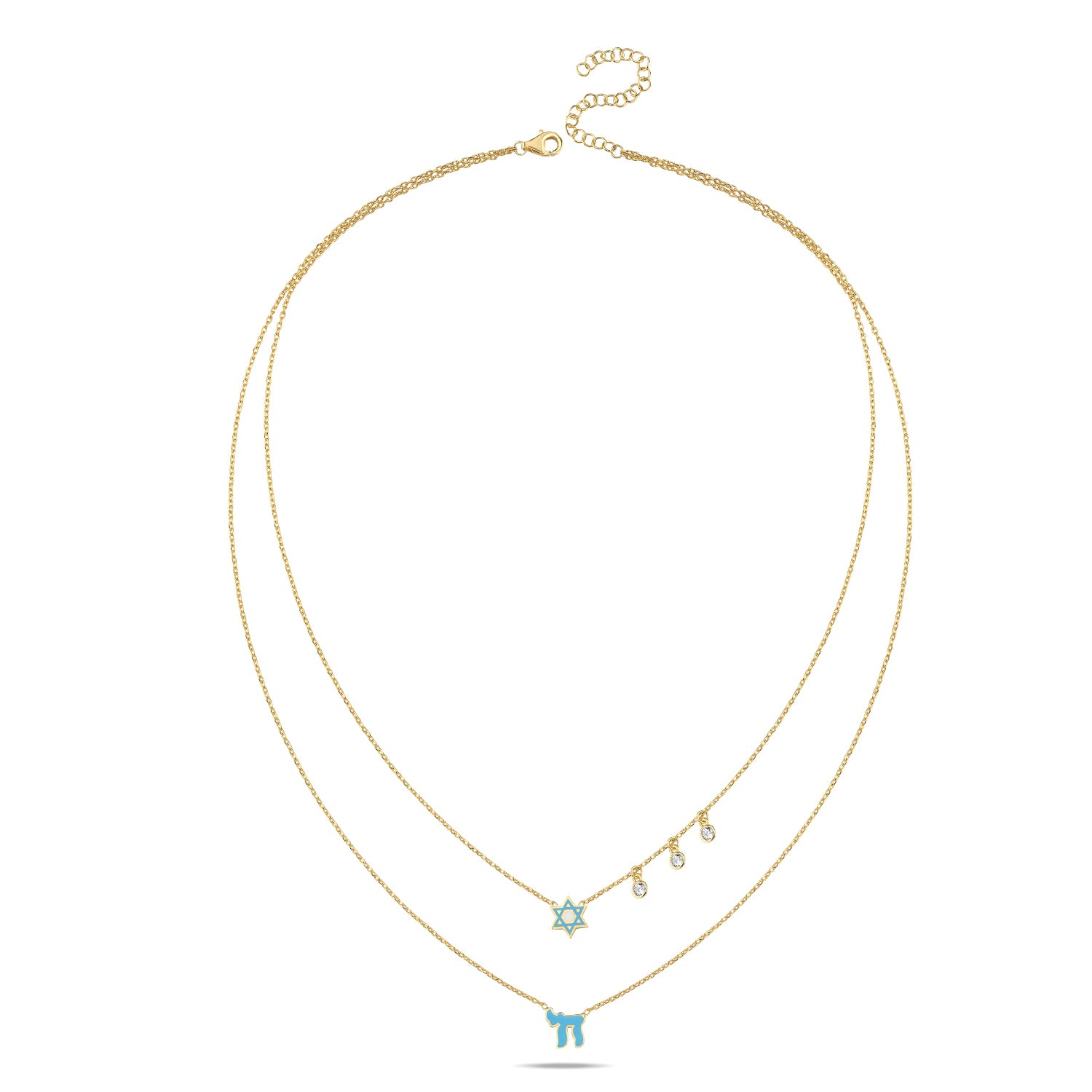 Stunning layered necklace featuring two chains with pink enamel Chai and Star of David charms, accented by glistening gems.