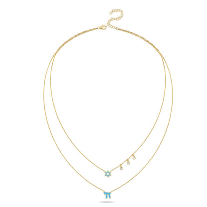 Stunning layered necklace featuring two chains with pink enamel Chai and Star of David charms, accented by glistening gems.
