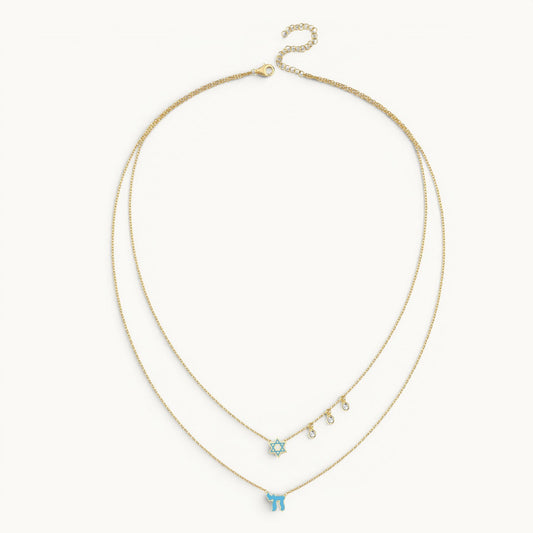 Layered necklace in gold with pink enamel Chai and Star of David charms by Alef Bet