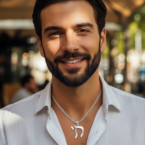 Sterling silver chai symbol necklace for men with dimensional craftsmanship by Alef Bet