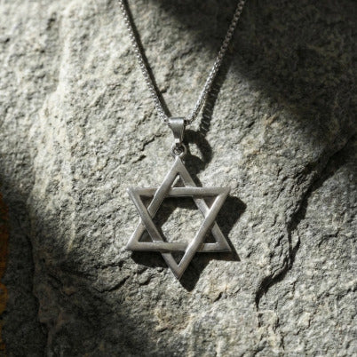 Sterling silver Star of David necklace on a box chain, measuring 3/4" long and 3/8" wide. A timeless unisex Judaic piece.