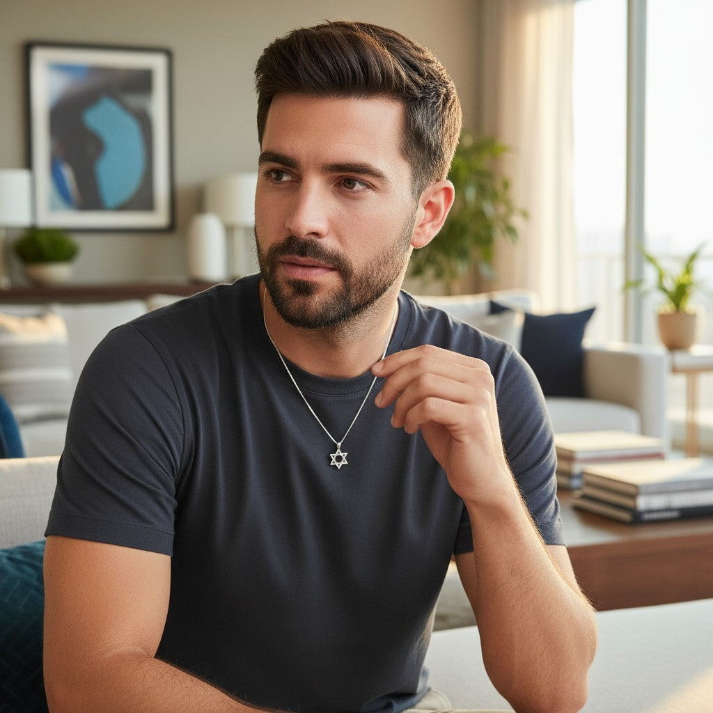 Sterling silver Star of David necklace on a box chain, measuring 3/4" long and 3/8" wide. A timeless unisex Judaic piece.