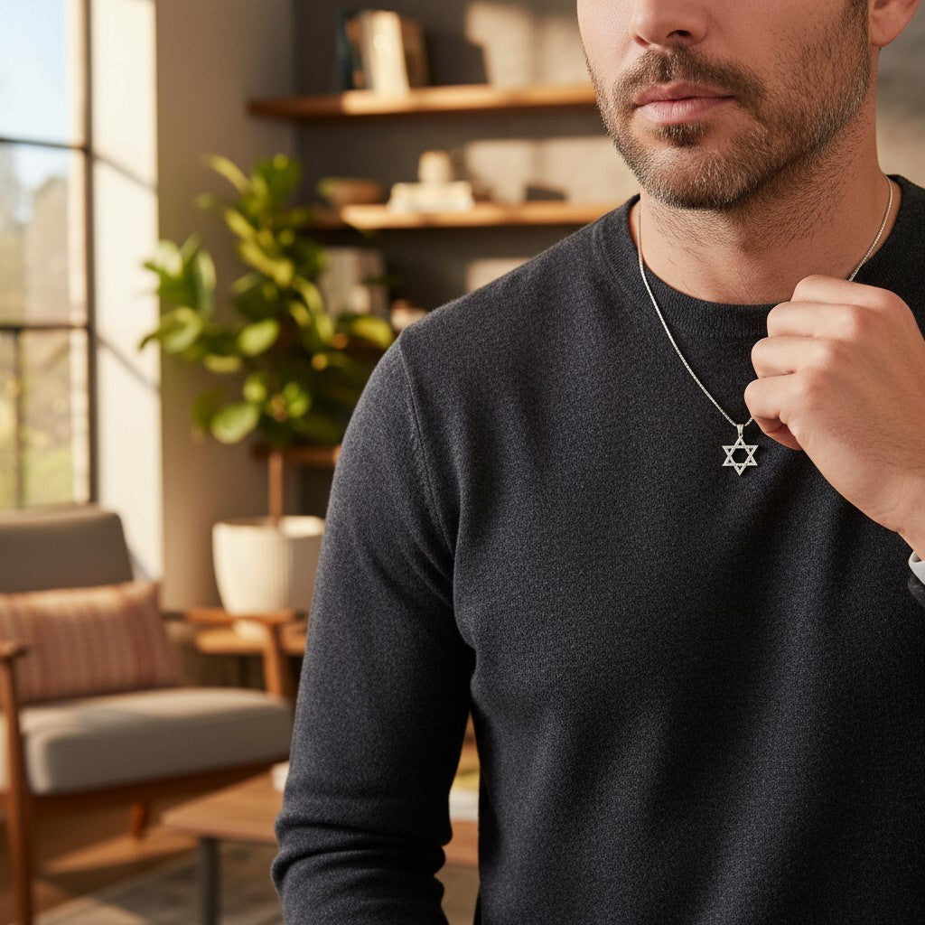 Sterling silver Star of David necklace featuring a box chain, measuring 3/4" x 3/8", perfect for any style, unisex design.