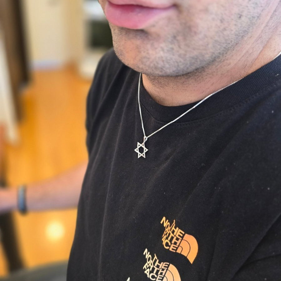 Sterling silver Star of David necklace on a box chain, 3/4"x3/8". Unisex design, timeless symbol of heritage and identity.